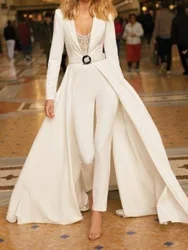 Belt Jumpsuit Women Lace White Rompers Long Overalls V-neck Prom Spring Autumn Formal Party Night Clue Elegant Work Bodysuit