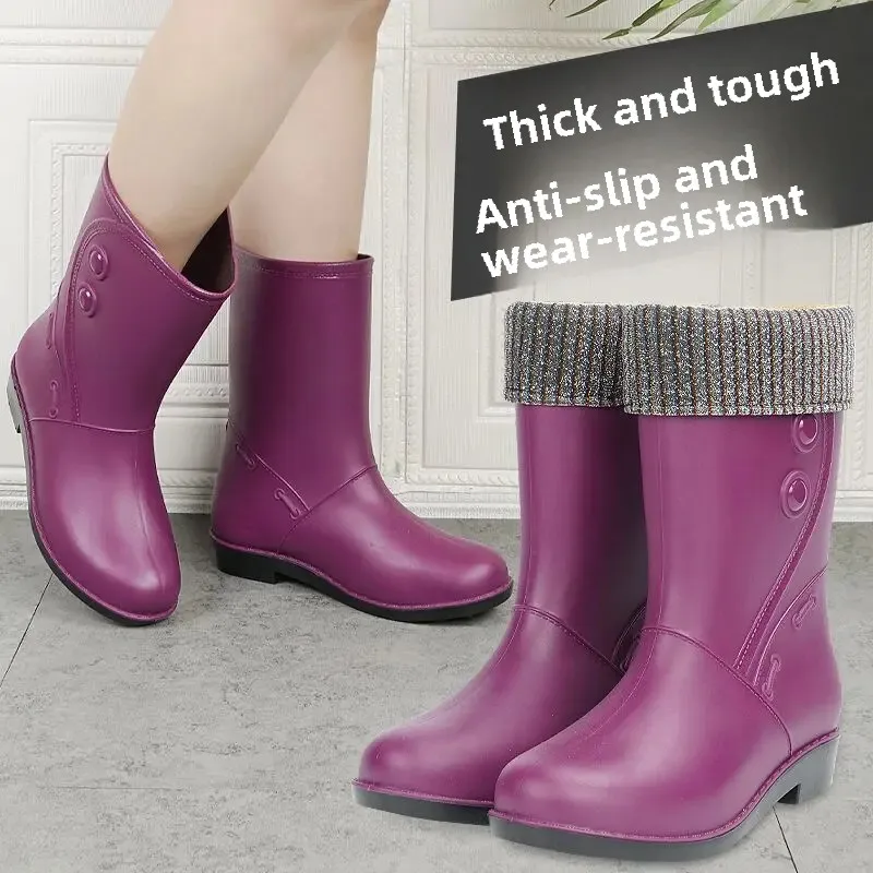 Fashionable Women's Rain Shoes Outer Wear Mid-Calf Rain Boots Anti-Slip Wear-Resistant Rubber Shoes Fleece Lined Waterproof Kitc