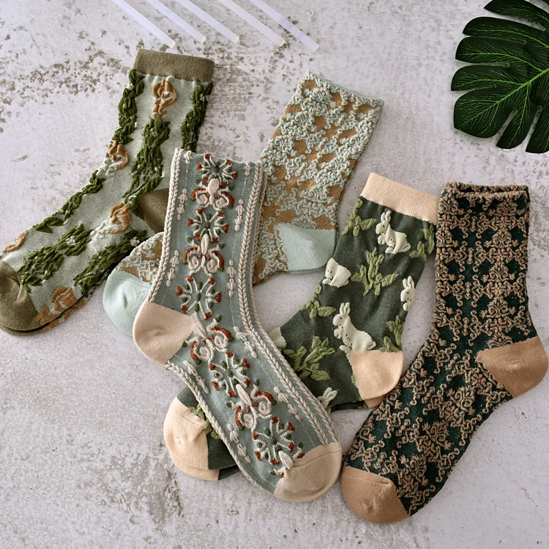 5Pairs Athletic Crew Dress Cotton Sock Jacquard mid-calf Spring Autumn Style Women Haraju-style Retro Fashionable 8W251
