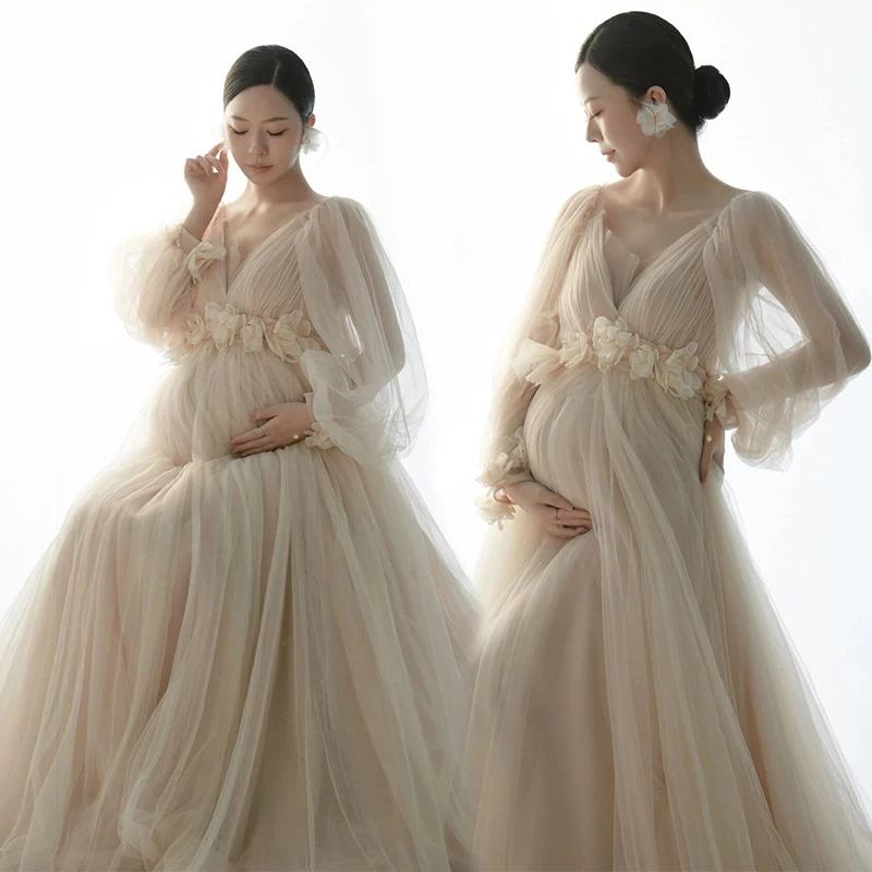 vestidos-de-fotografia-para-mujeres-embarazadas-vestido-de-maternidad-de-malla-color-champan-de-alta-gama-cuello-en-v-manga-larga-elegante-vestido-de-embarazo