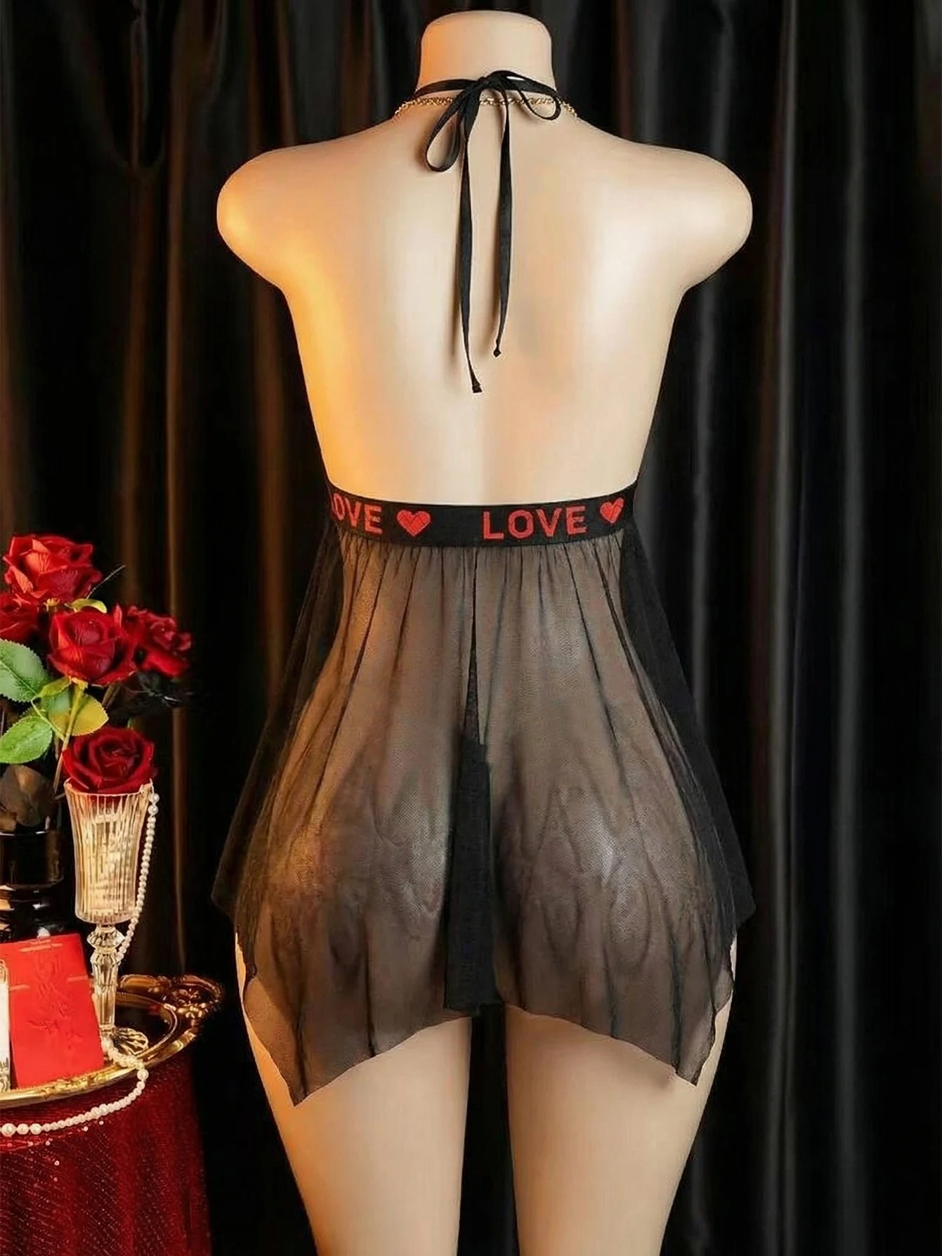 Women Halter Neck Lingerie Dress, Contrast Red Lace Sheer Mesh Irregular Hem Babydoll,Black