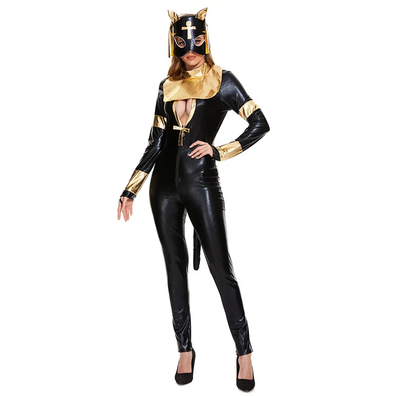 

Черный цельный костюм, косплей, ПВХ, обтягивающий костюм на Хэллоуин, женская этническая сценическая одежда, облегающий костюм