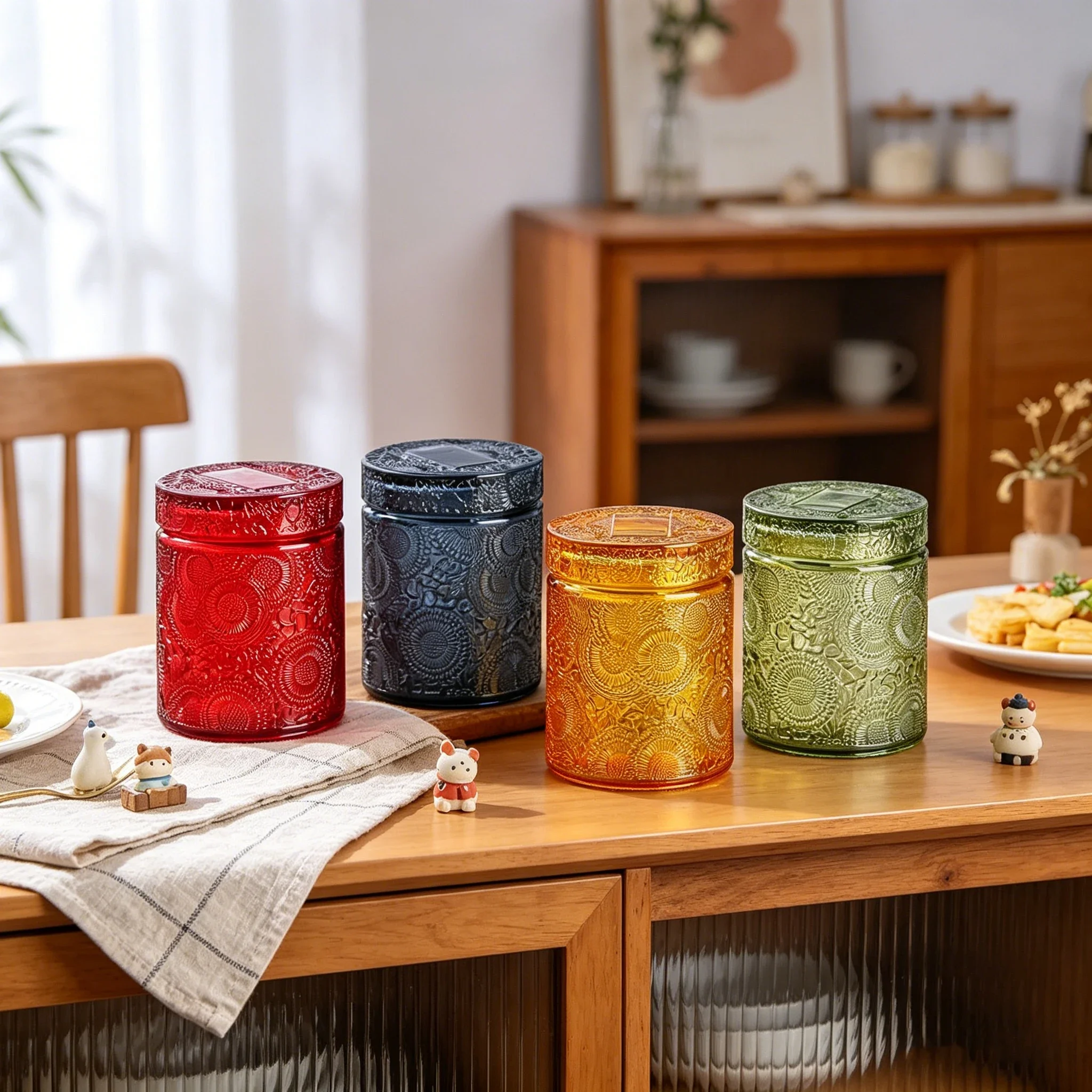 Vintage Colored Glass Storage Jar Embossed Glass Storage Jar Sealed Candy Biscuit Tea Container Kitchen Tableware Organization