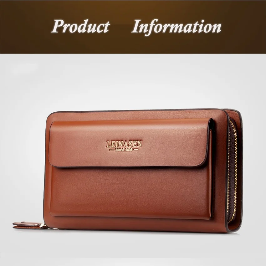 Business Men's PU Leather Wallets Handbag Large Capacity Two Zippers Clutch Bag Card Holder Phone Bag Bill Pocket