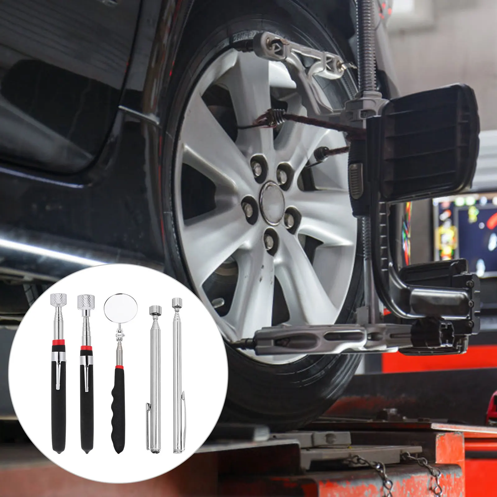 

5 pcs Telescoping Magnet Tool Kit 4PickUp Rods 1Swivel Mirror Vehicle Inspection Repair Tools Flexible H Long Reach