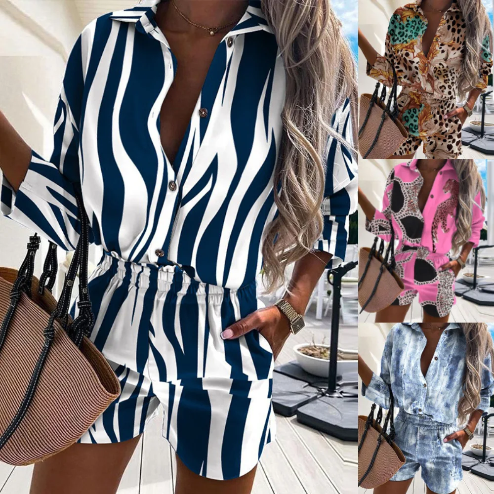 Summer 2 Piece Sets Womens Outfits Fashion Print Short Sleeve Shirts Tops Elastics High Waist Shorts Suit Casual Set Ropa Mujer