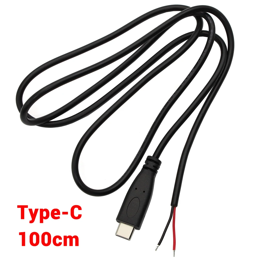 100cm Type-C 2Pin Charger Connector USB C Male Plug 2-pin Pigtail Power Supply Extension Cable Wire Black Replacement DIY