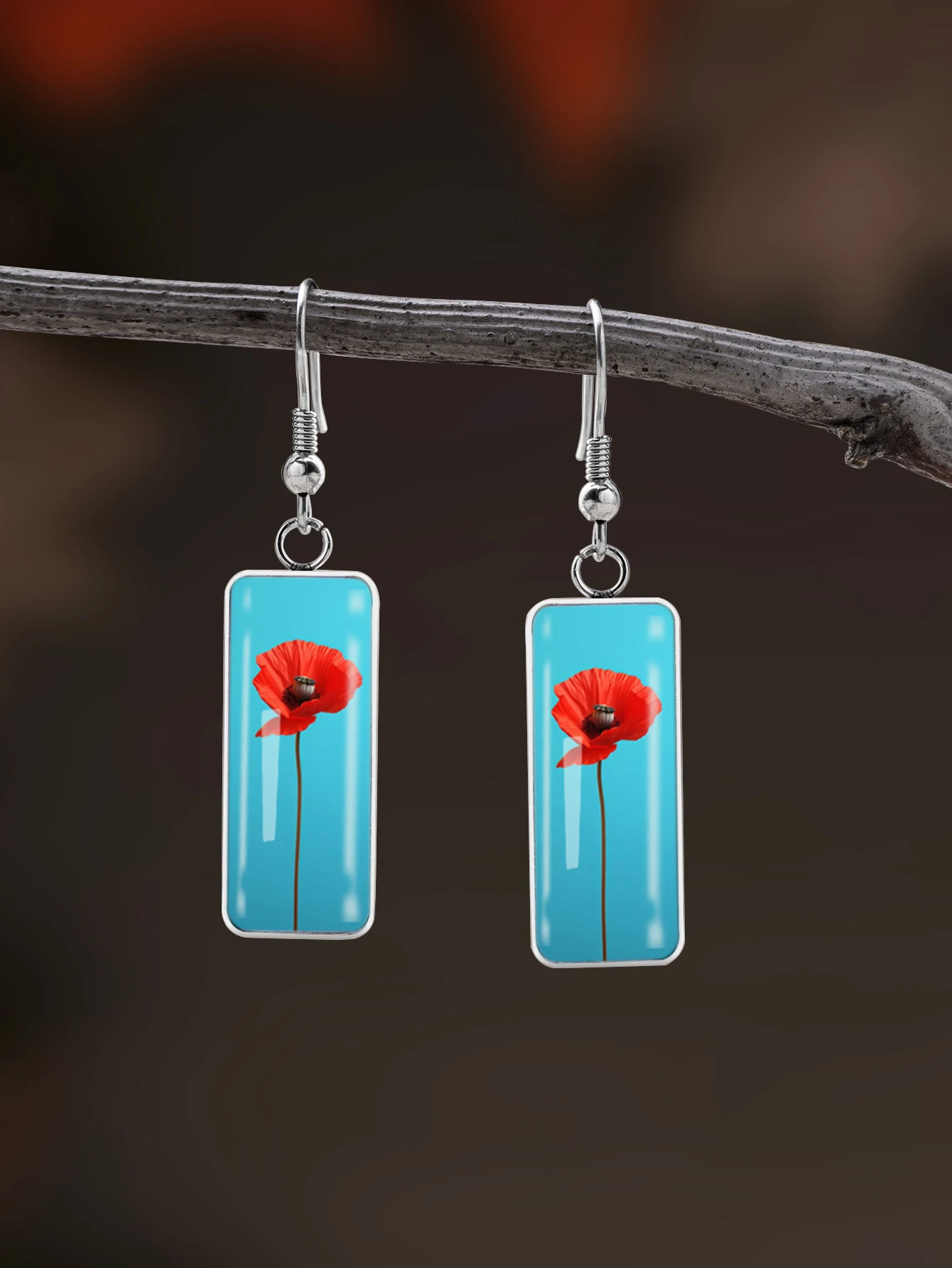 1 Paar Valentinstag-Ohrringe mit Blumenmuster, konvexem Glas und langen Haken aus 316er Edelstahl, im Retro- und schlichten Stil, geeignet für Frauen als Schmuck für den täglichen Gebrauch oder als