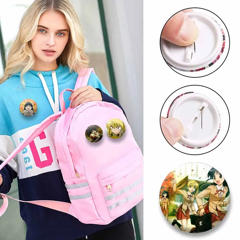 Anime School Rumble Badge Cartoon Peripheral Lapel Pins Snap-in Round Brooch for Shoulder Bag Accessories Jewelry Souvenir Gifts