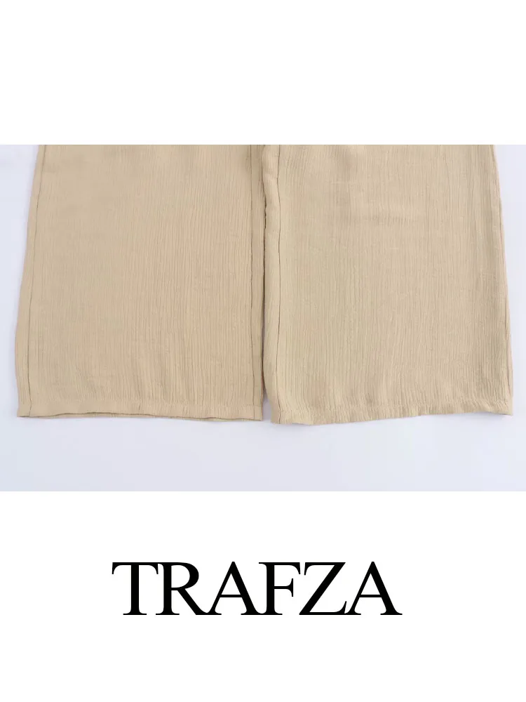 TRAFZA-Conjuntos de manga y cuello redondo para mujer, traje de moda con botones en la espalda, fajas huecas, Tops decorados, pantalones de pierna ancha con cintura elástica