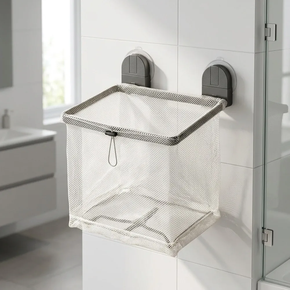 Folding Mesh Laundry Basket Wall Mounted Suction Cup Design for Smooth Surfaces 28x21x5cm Compact Storage Solution