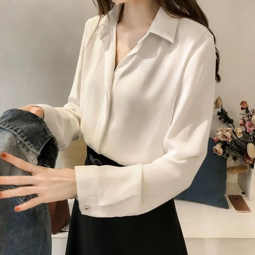 Women Office Shirt Solid Color Long Sleeve Turn-down Collar Top Chiffon Temperament Single Breasted Blouse for Office