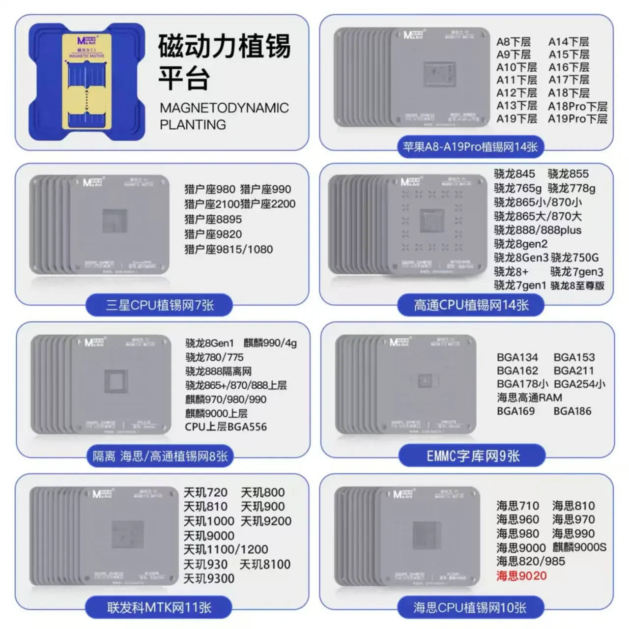 MaAnt C1 BGA Reballing Stencil Platform For iPhone A8-A19 Hisilicon Qualcomm MTK EMMC Phone Steel Mesh Repair Tools Set