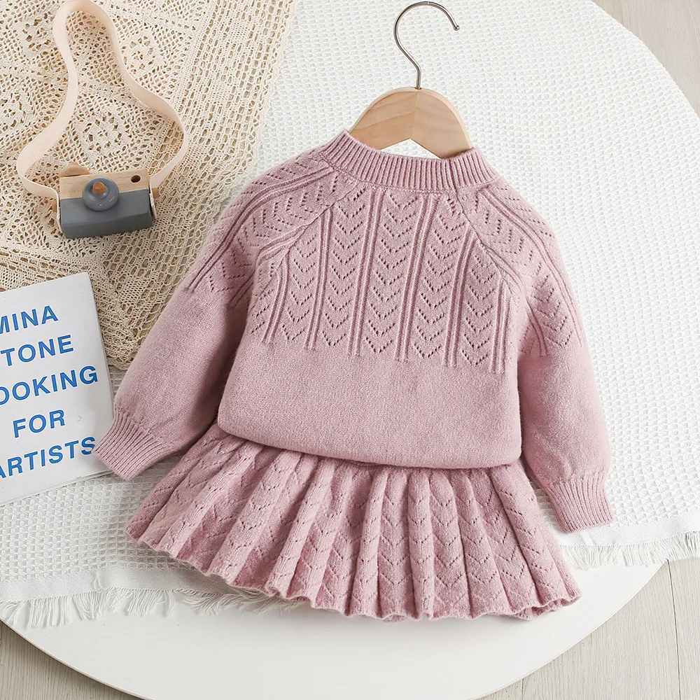 LILIGIRL New Autumn Children Sweater Set  Hollow Knitting Girls Knitwear + Skirt Korean Version Loose Kids Outfit 2PCS 9M-5T