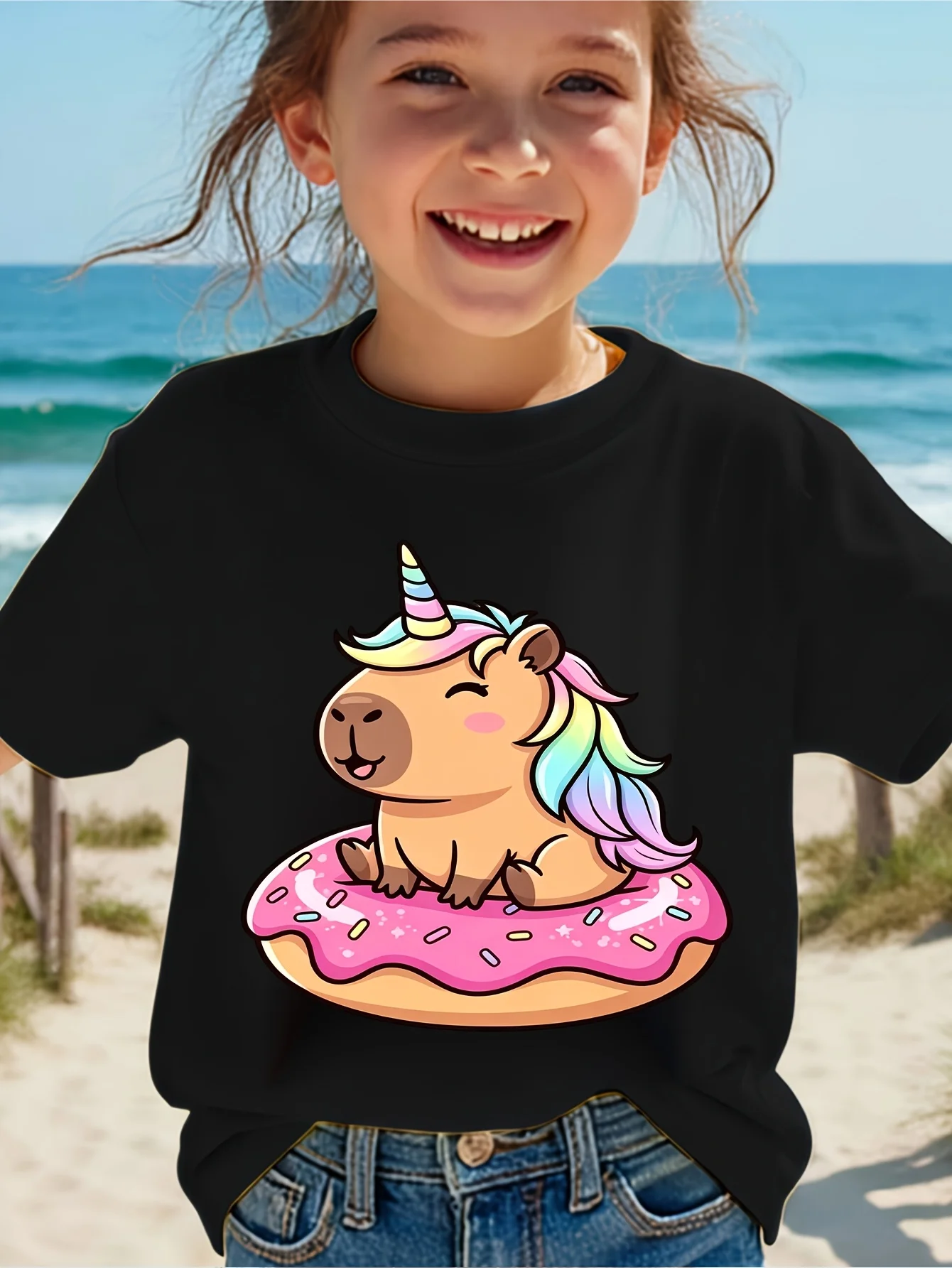 Kids Boys Girls Matching Tee Unicorn Capybara Donut Rainbow Mane Cartoon Graphic Short Sleeve Crew Neck Toddler Casual Outfit