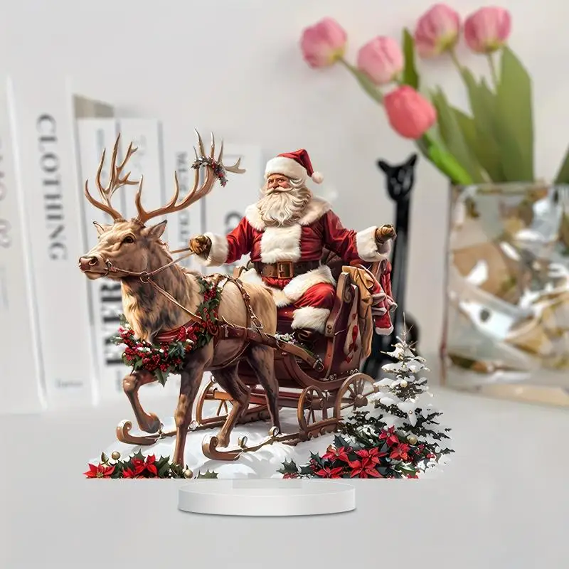 1pc Santa Claus Reindeer Sled Tabletop Decoration With Base 2D Acrylic Christmas Ornaments 2025 Xmas Navidad Party Supplies