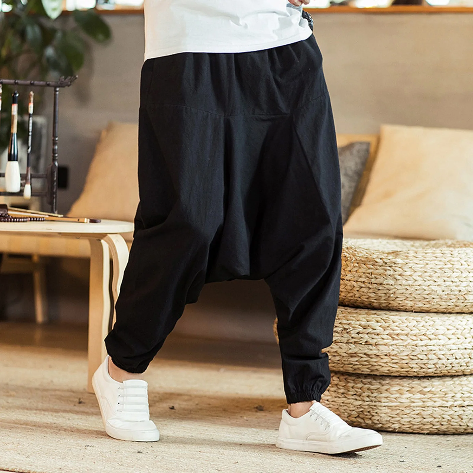 

Fashion Harem Pants Men Hip-hop Drop Crotch Cotton Joggers Wide Leg Pants Trousers Men Chic Loose Pantalones Homewear 2024