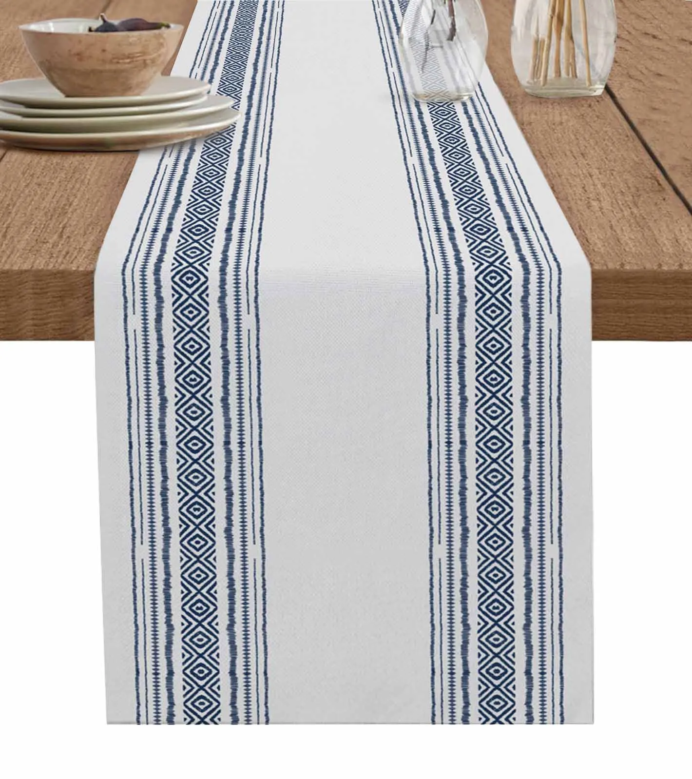 Vintage Farmhouse Bohemian Texture Blue Table Runners for Wedding Kitchen Dining Table Decor Coasters Home Tablecloth Table Mat