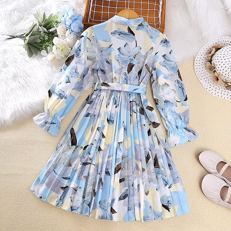 Kids Casual Dress for Girls Clothes 2023 Spring Autumn New Children Floral Print Long Sleeve Princess Pleat Dress Fashion 7-14Y