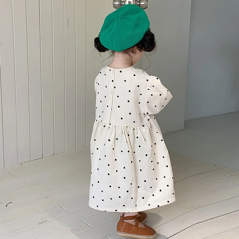 

deer jonmi 2022 Autumn Korean Style Baby Girls Polka Dots Dresses Long Sleeve Toddlers Kids Casual Cotton Dress