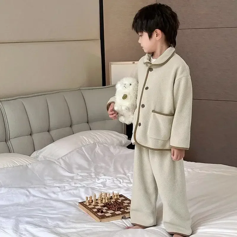 Boys Pajamas Polar Fleece Boys Pajamas Autumn and Winter Double sided Thickened Warming Solid Long-sleeved Set