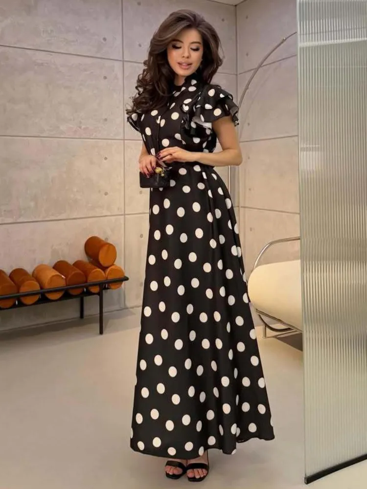 DFDG Women 2026 Spring Summer Polka Dot Maxi Dress Ruffle Sleeve Stand Collar Belted Waist Elegant Party Evening Women Dress