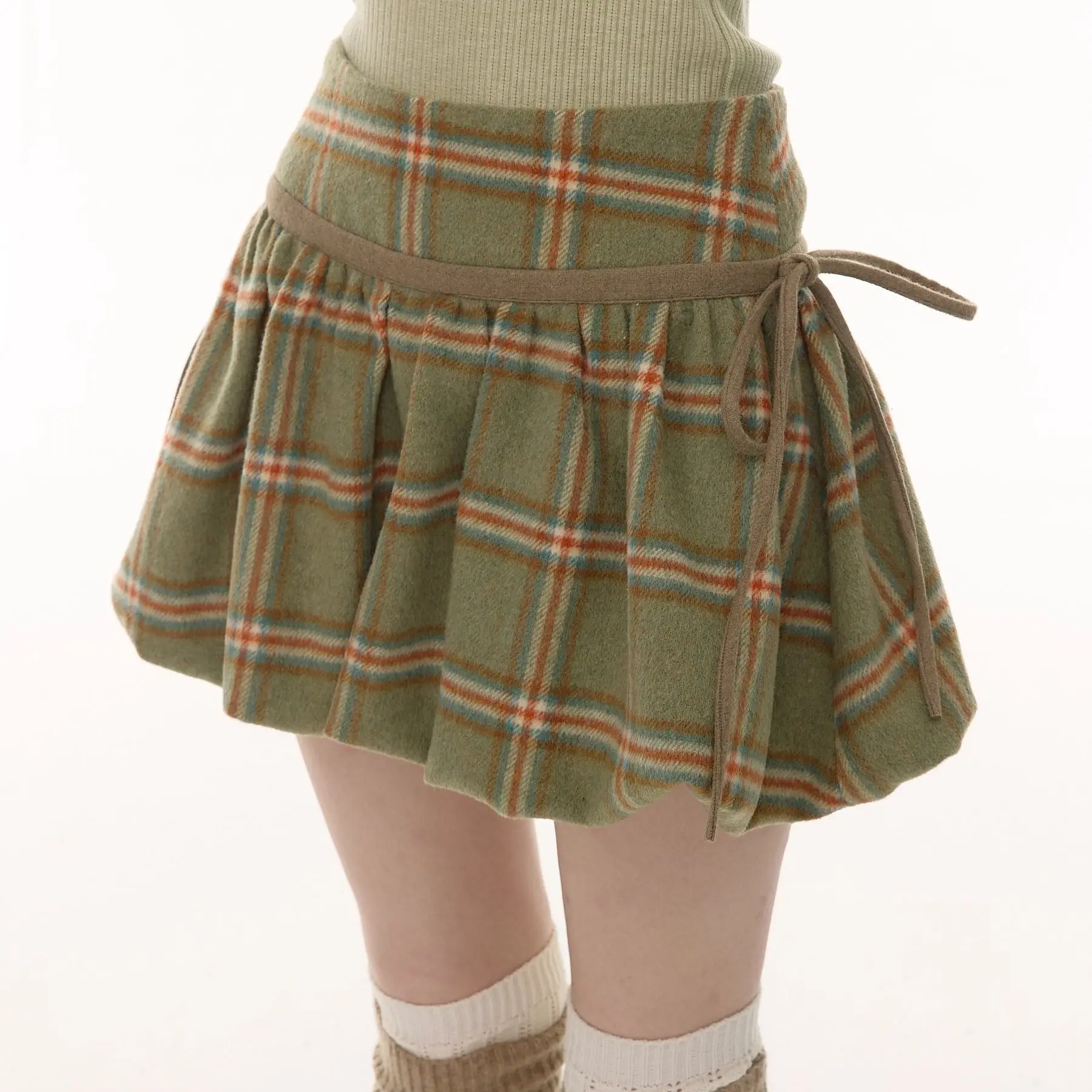 

Японская осенне-зимняя американская ретро тонкая зеленая клетчатая шерстяная юбка на шнуровке с высокой талией для женщин