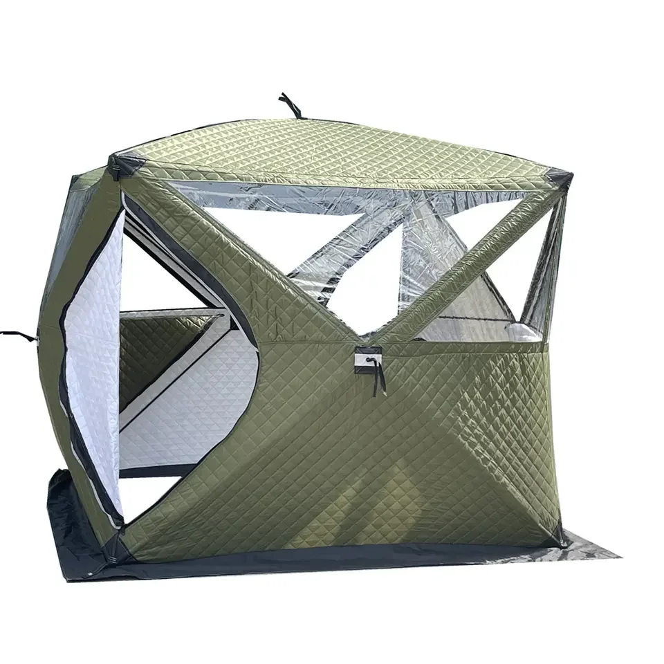 Hot Selling Three Layer Waterproof Insulation Winter Ice Fish Cube Pop Up Tent Transparent Skylight Sauna Tent With Chimney Hole