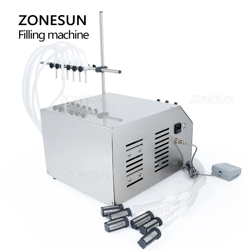 ZONESUN ZS-DPYT6P شبه التلقائي ستة فوهات عصير الحليب السائل ماكينة حشو زيت الماء قنية للأغراض الصيدلانية حشو 50-4000 مللي