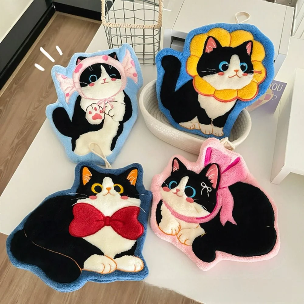 

2pcs Water Absorption Cartoon Cat Hand Towel Hanging Coral Fleece Bathroom Hand Cloth Skin-friendly Thickened Kitchen Towel Kids