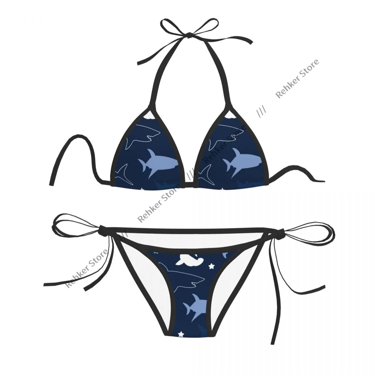 

Woman Swimsuit Sexy Bikini Set Swimwear Navy Shark Illustration Two Piece Bathing Suit