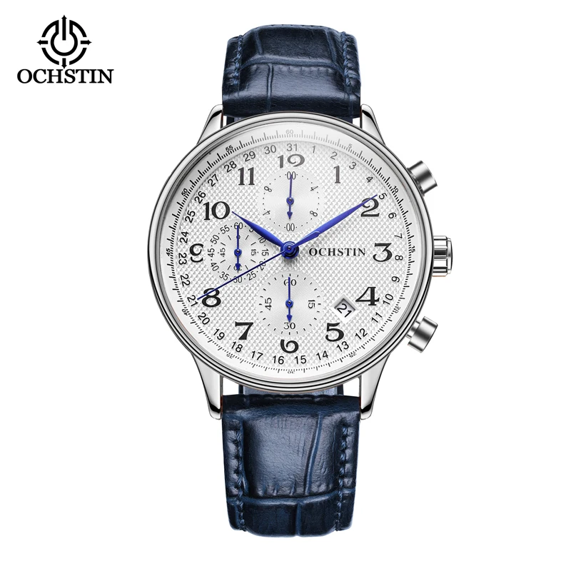 OCHSTIN Mens Watches Luxury Chronograph Military Sport Watch Analog Quartz Wristwatch Navy Blue Leather Belt Gift for Boyfriend