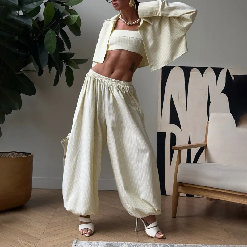 

Three-piece Striped Short Shirt Open Navel Vest Wide-leg Bloomers Women's Cross-border Casual Fashion Pants Set Comfortable