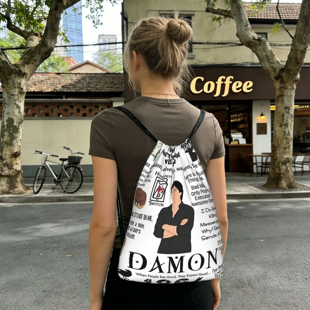 The Vampire Diaries Damon Salvatore TV Series Backpacks Fashion Drawstring Bags Storage Bag Book Bags for Man Woman Students