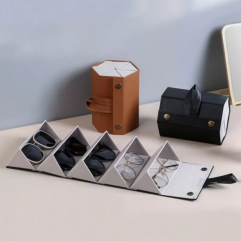 2026 Portable Glasses Case Cover Pu Leather 5 Pairs Of Sunglasses Holder Box Eyeglasses Storage Box Magnet Switch Pu Bag