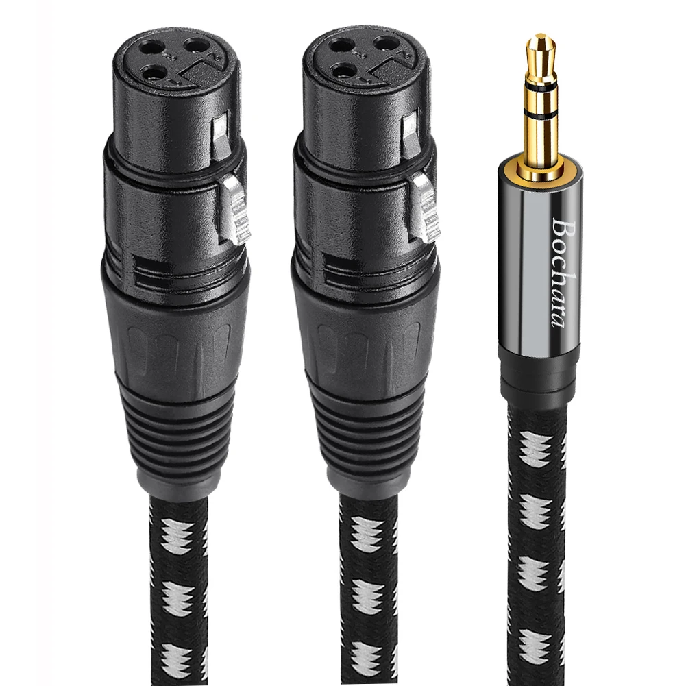 Bochara Fabric Braided 1/8\'\' 3.5mm TRS Jack Male to Dual XLR Female OFC Audio Cable Foil+Braided Shielded For Speakers