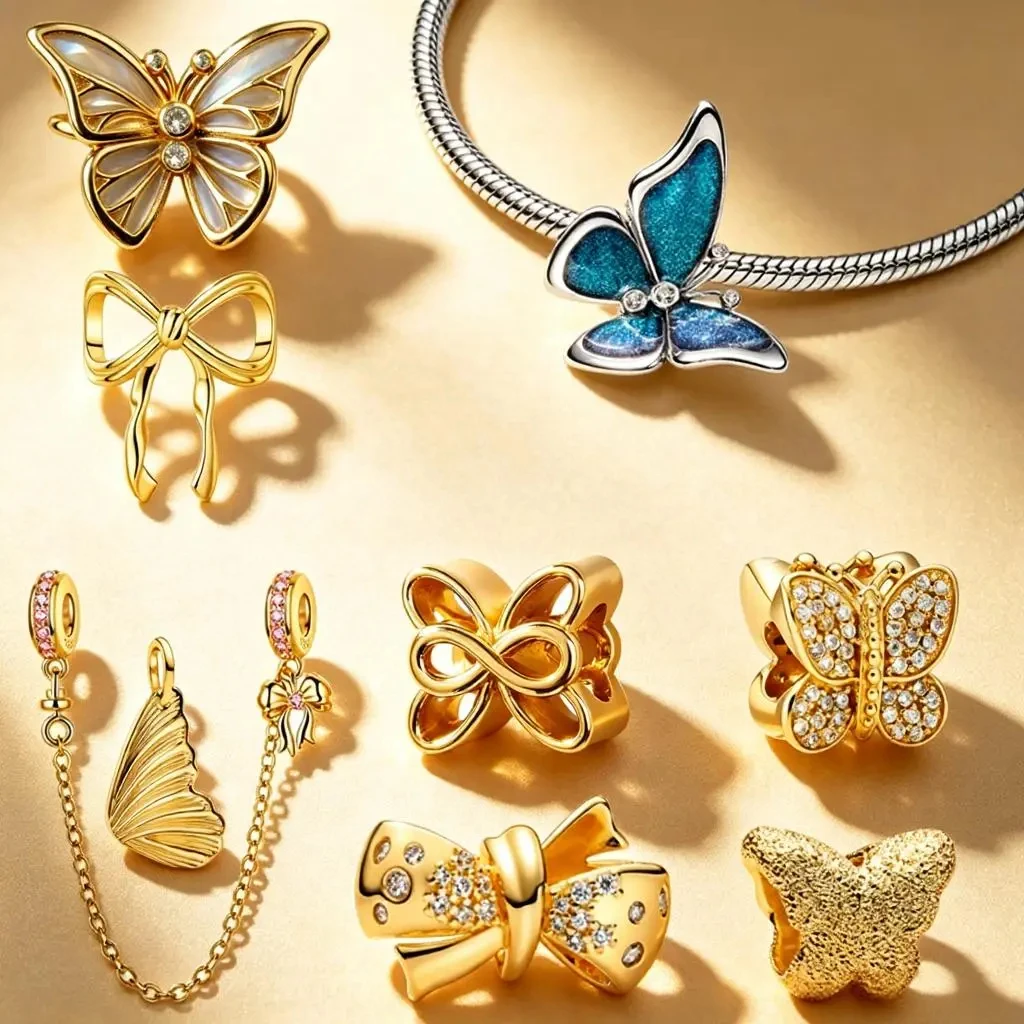

New Golden Butterfly Charms DIY Jewelry Gift Pink Bow Safety Chain Butterfly Mini Beads Fit Original Snake Bracelets Accessories