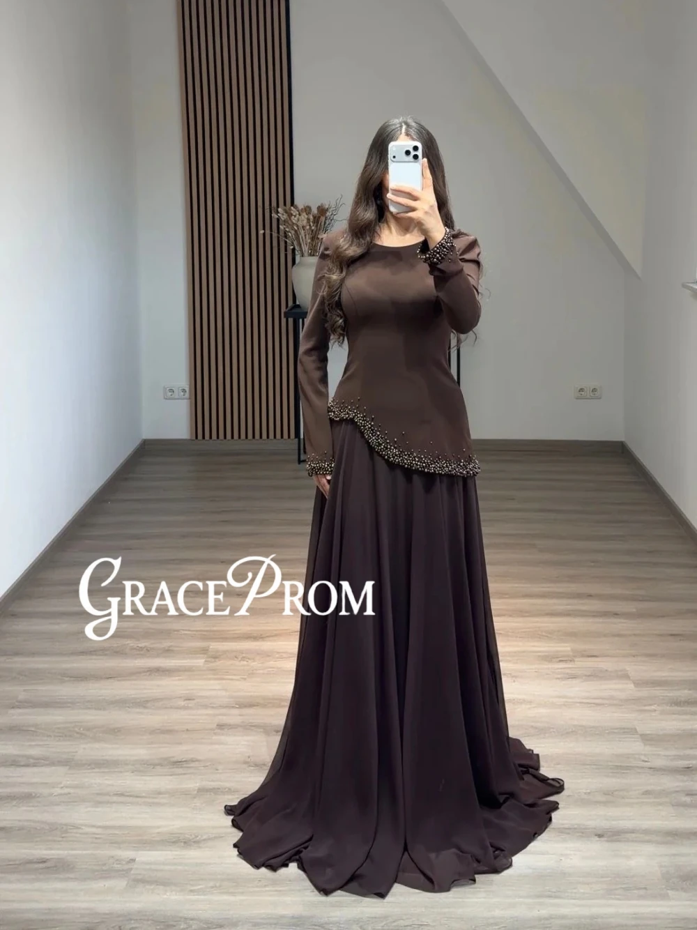 

Modest A Line Evening Dress Beaded Long Sleeves Graceful Cocktail Gown Customized Glamorous Kaftan Banquet Celebrity Wear