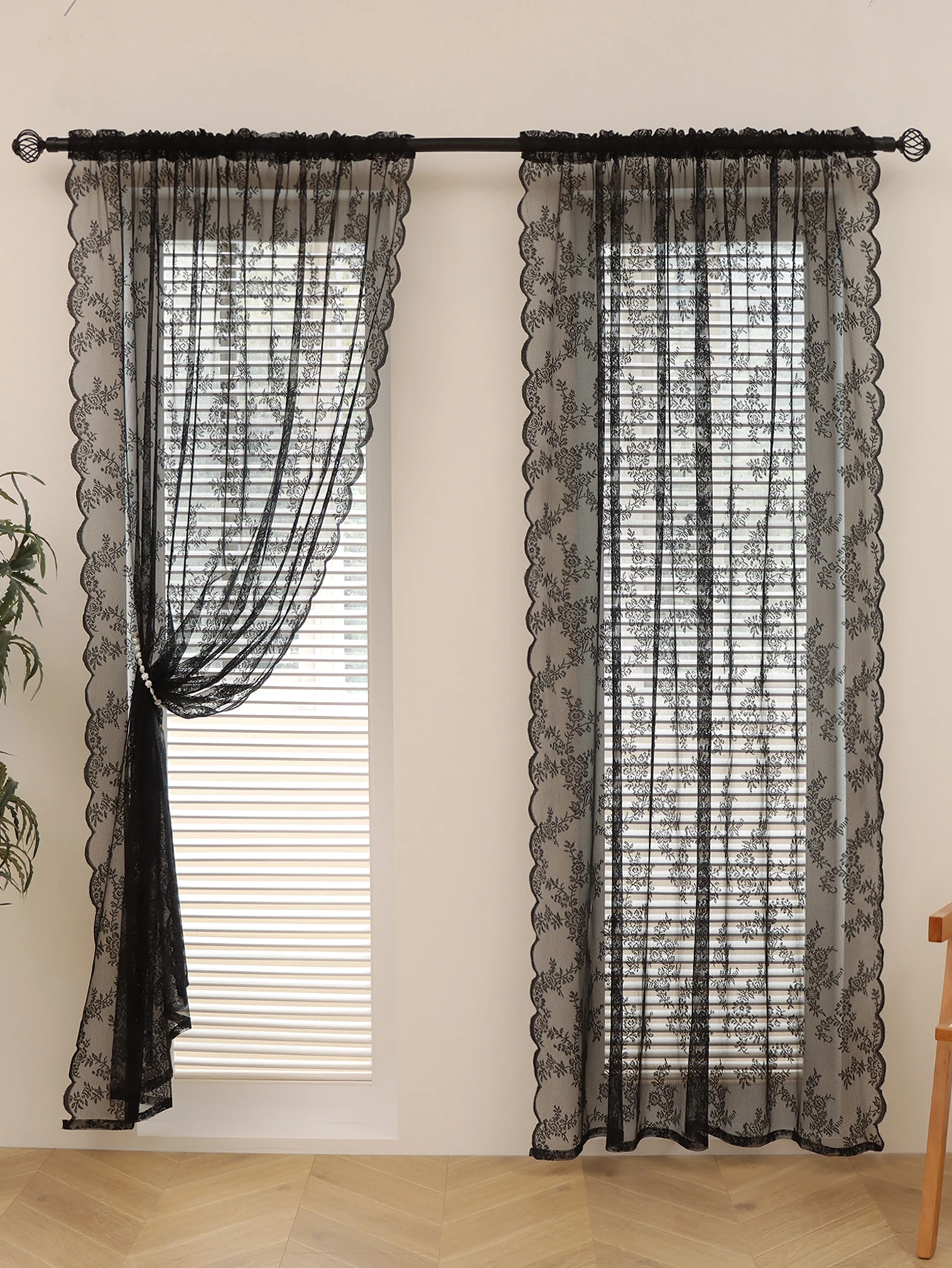 1PC Ramadan Style Black Lace Chambray Curtains, Holiday Celebration Living Room Kitchen Curtains, Sheer Curtains