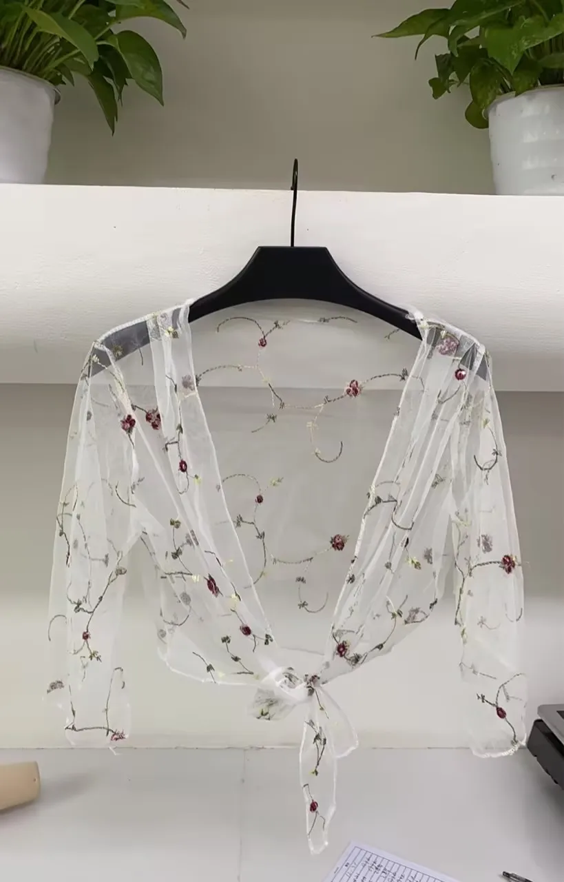 

Women Long Sleeve Cover Ups Shirts Tops Beach Bathing Suit Floral Embroidery Cardigan Thin Coat Casual Party Outwear Blouse