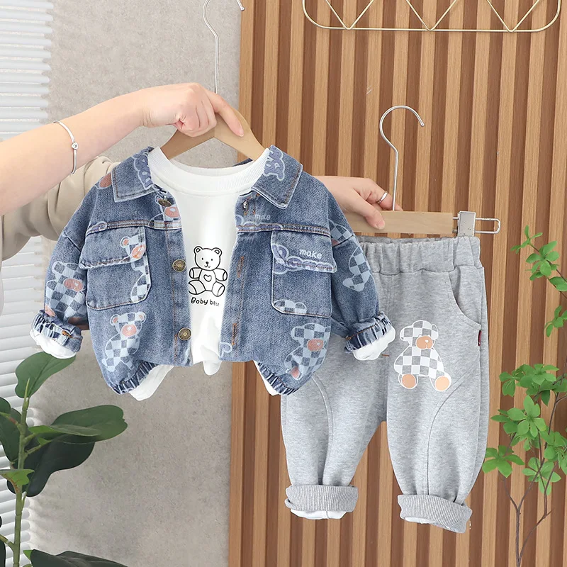 Boys' Spring Fashion Fashionable Children's Clothing Little Bear Cowboy Three Piece Set Baby Spring Children's Clothing