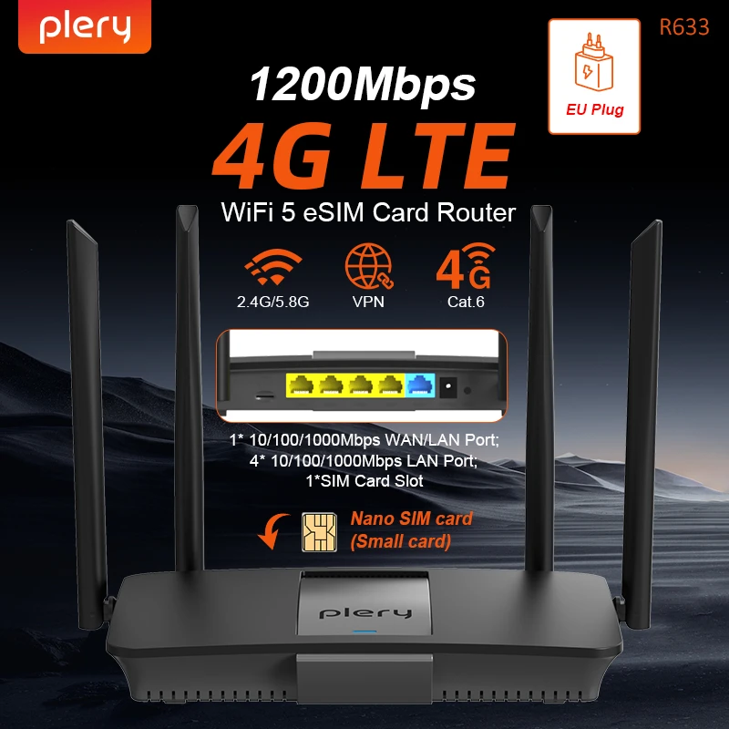 

Маршрутизатор Plery 1200 Мбит/с Cat6 4G LTE, двухдиапазонный беспроводной маршрутизатор Wi-Fi5, 5*гигабитных портов VPN Поддержка Nano Nano SIM