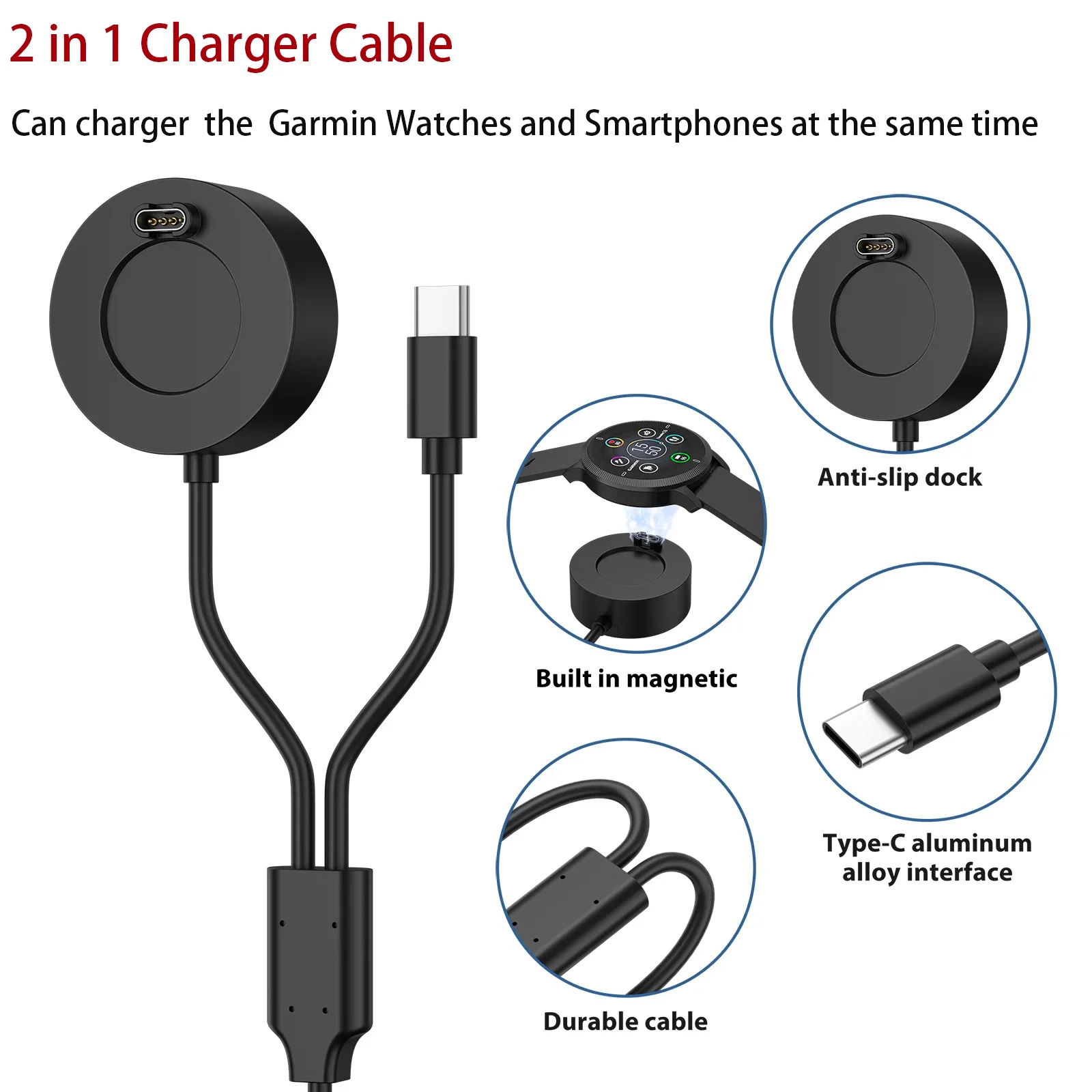 

2 in 1 Type C Plug With Charger Cable For Garmin fenix 7 6 5X Plus/Venu 2 sq 2 3s Charging Dock For Vivoactive 4/Forerunner 945
