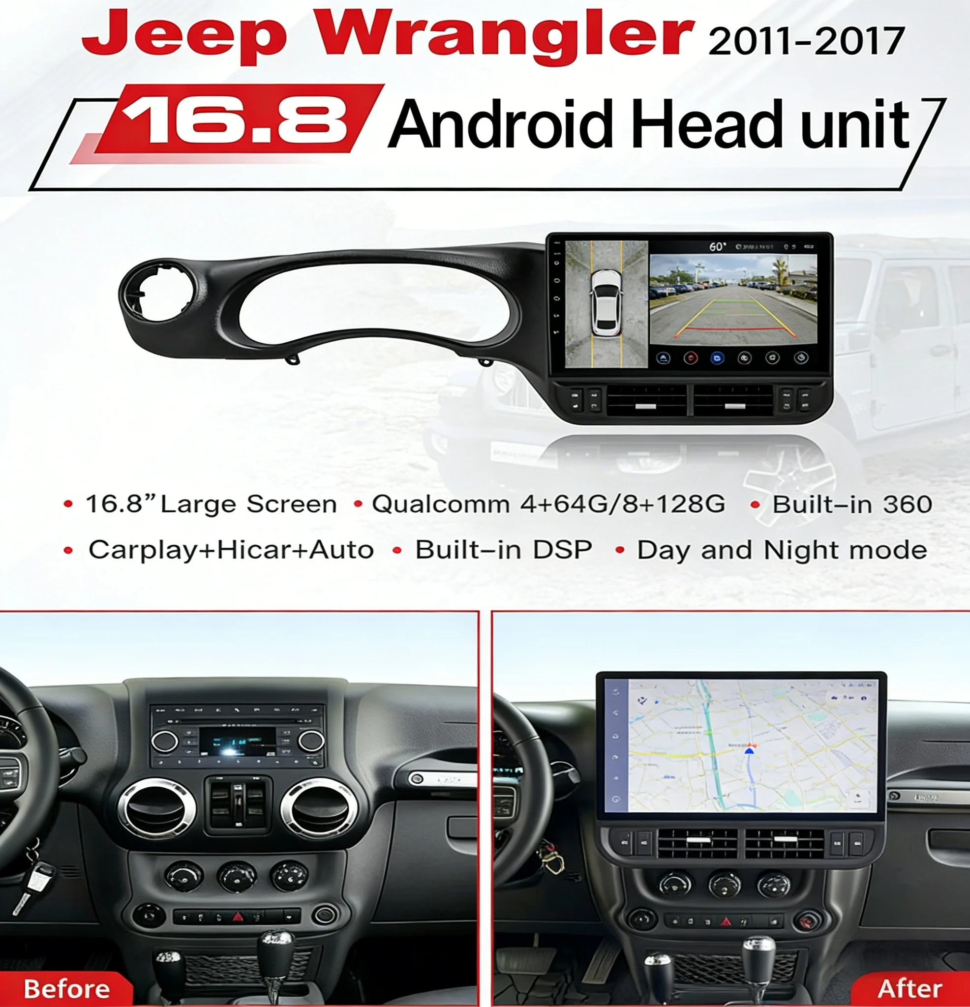 16.8 Inch 2K Touch Screen Android Head Unit For Jeep Wrangler 2011-2017 Car Multimedia Player With Carplay DSP