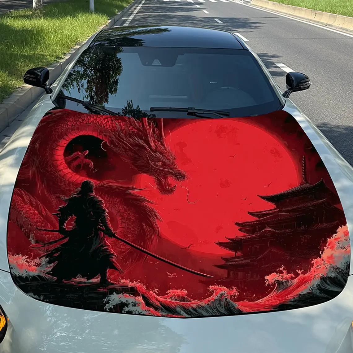 

Red Night Moon Warrior And Dragon Car Hood Sticker, Durable PVC Vinyl Film Suitable For Most Vehicles, Hood Protection Film Gift