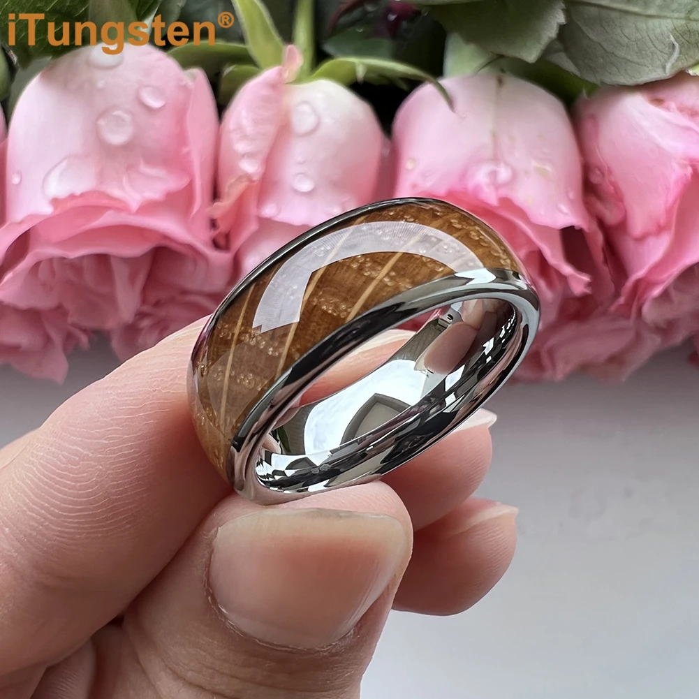 ITungsten 8mm Cool whisky Barrel anello in legno di quercia fede nuziale di fidanzamento in tungsteno per uomo donna Domed lucido Comfort Fit