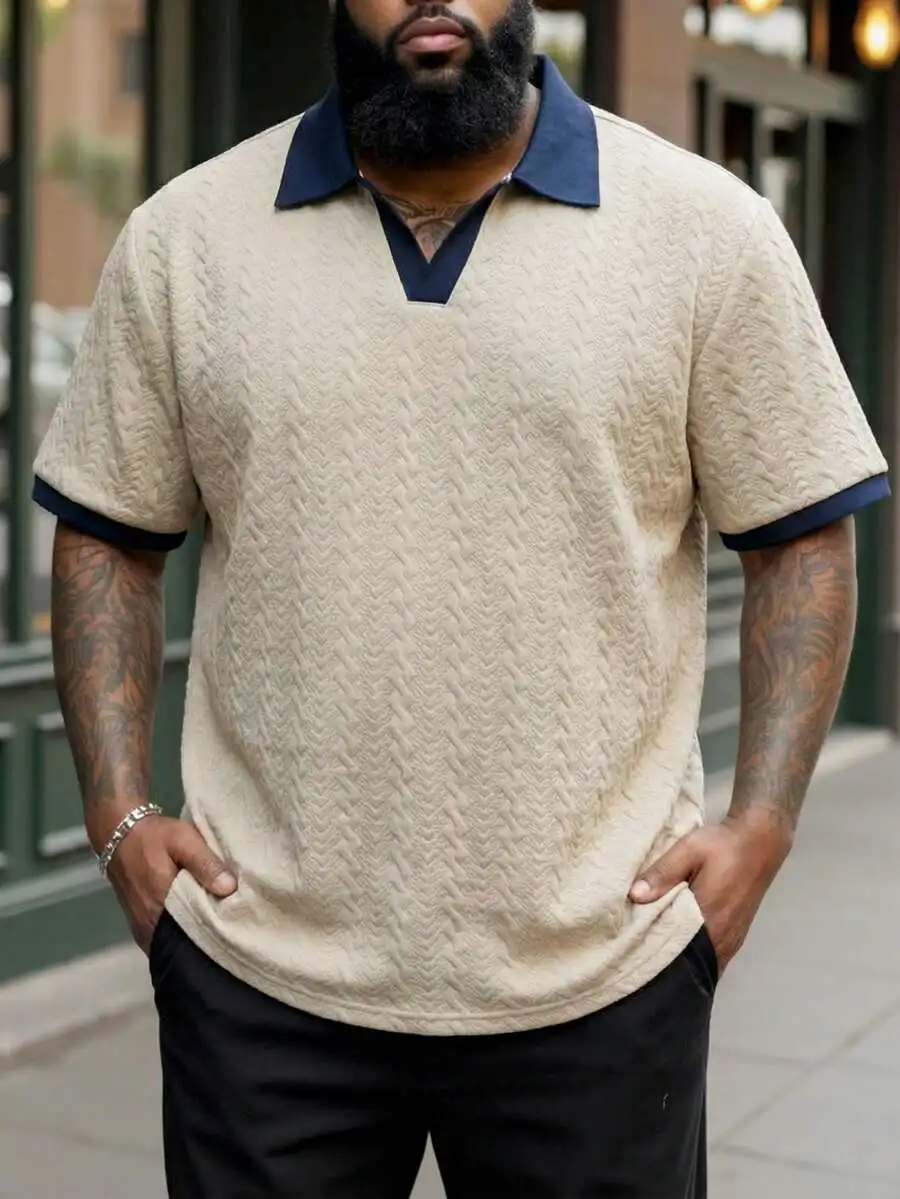 Plus Size Men Contrast Color Shirt, Short Sleeve Cream Top Men Men Crochet Shirts Men Buttoned Knitted V Neck Sweater Short