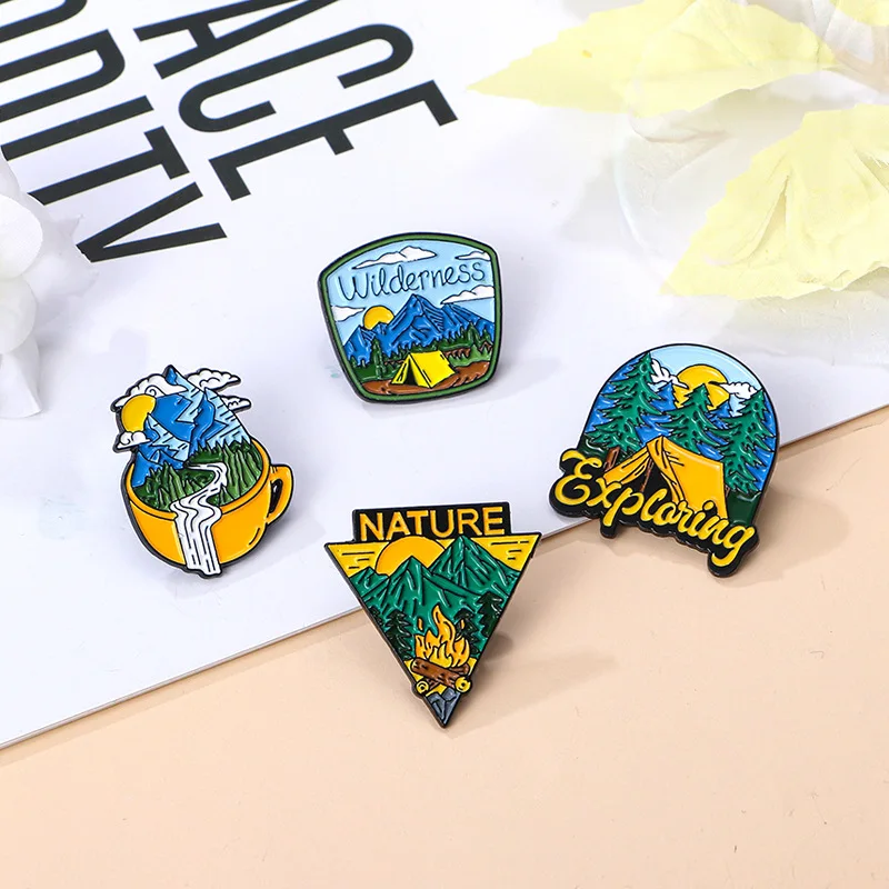 الطبيعة استكشاف المينا دبابيس الإبداعية في الهواء الطلق التخييم التلبيب شارات البرية النار الجبال نهر بروش مجوهرات هدايا