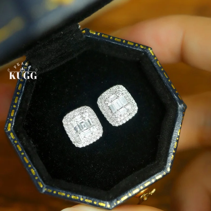 KUGG 100% 18K White Gold Earrings Elegant Square Design 0.68carat Real Natural Diamond Stud Earrings for Women Wedding Jewelry