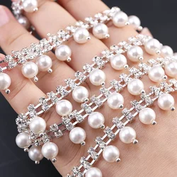 1 yard Pearl Tassel Rhinestone Crystal Trim Chain Sew on Rhinestone Cup Chain for DIY Garments Shoes Bags Sew/Glue on Decoration